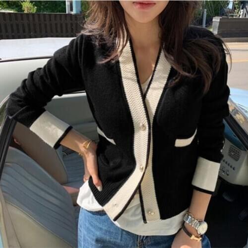 2021 Autumn Winter Fashion Design Women Cardigan Korean Style Vintage Button Patchwork V Neck Long Sleeve Knit Sweater Coat T519