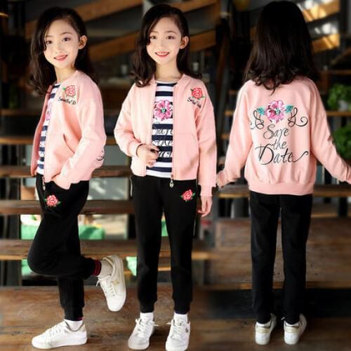 2020 Spring Fall Girls Fashion Cotton Clothing 3 Pcs Set Korean Childrens Coat + Striped T-shirt + Pants Kids Sports Suit X355