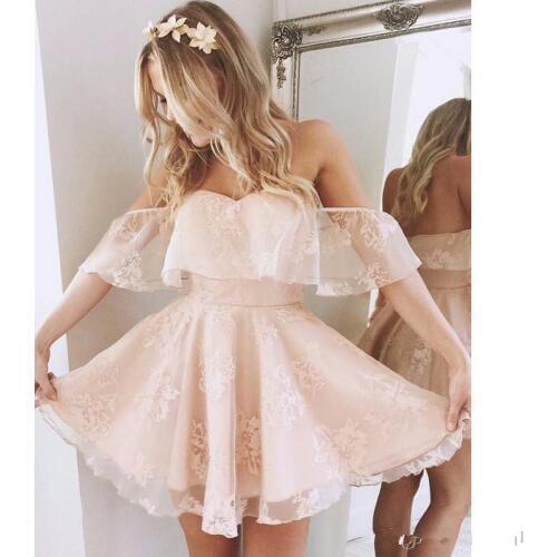 2020 short ruffle lace Prom homecoming dress pearl pink off the shoulder party dress short cooktail dress
