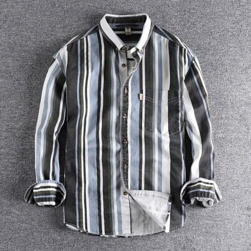 2021 Simple pocket yarn dyed cotton stripe Long Sleeve Shirt Mens loose fashion European and American youth shirt 318
