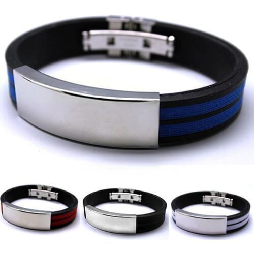 Mens Stainless Steel Bracelet Rubber Black Multi colour Fashion jewelry Sport 08J2