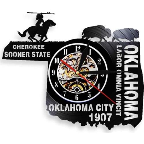 Labor Omnia Vincit Oklahoma Symbols Vinyl Record Wall Clock USA Geography Cherokee Sooner State Retro Music Album Longplay Clock