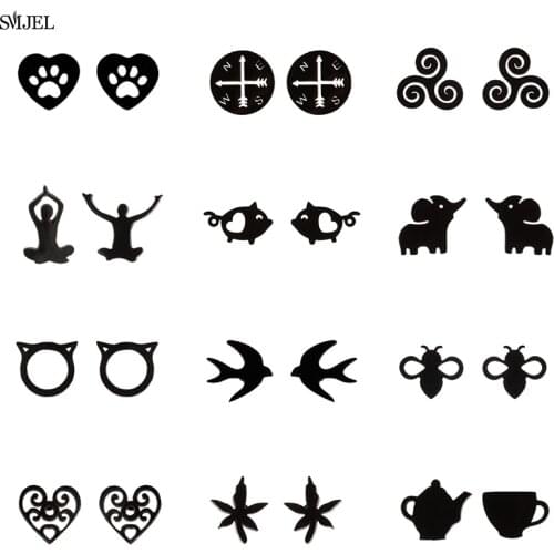 Small Stainless Steel Earrings for Women Punk Black Dog Paw Earrings Compass Yoga Pig Swallow Tea Cup Leaf Earings Bee Jewelry