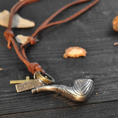 NIUYITID Pipe Pendant Necklace Men Jewelry Fashion Punk Genuine Leather Rope Chain Metal Zinc Alloy Drop Shipping