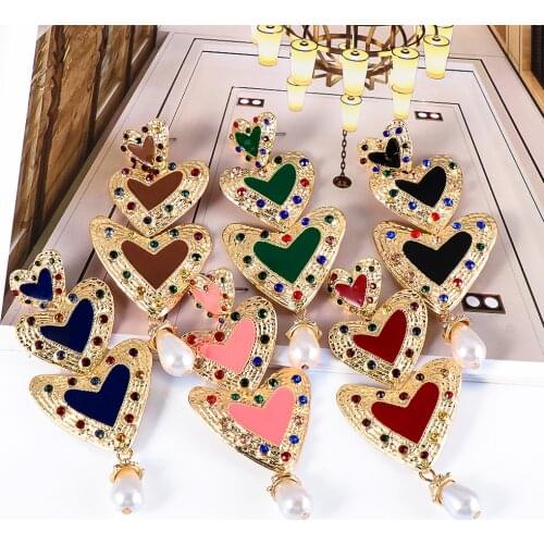 New Metal Love Heart Long Pearl Earrings High Quality Crystal Drop Earring For Women Fashion Jewelry Accessories Wholesale