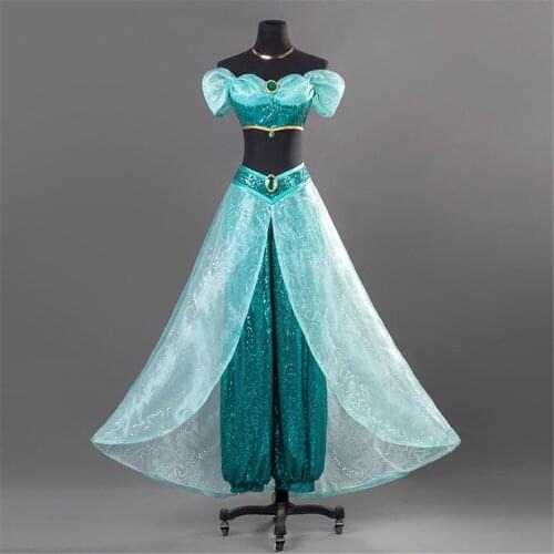 Top Quality Cartoon Jasmine Cosplay Blue Pretty Costume Adult Halloween Carnival Party Outfit Aladdin Belly Dancing Suit