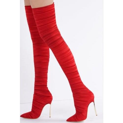 Autumn Women Blade Heels Pleated Velvet Thigh Boots Lady Metal High Heels Over the Knee Pointed toe Female Slip on Botas Shoes