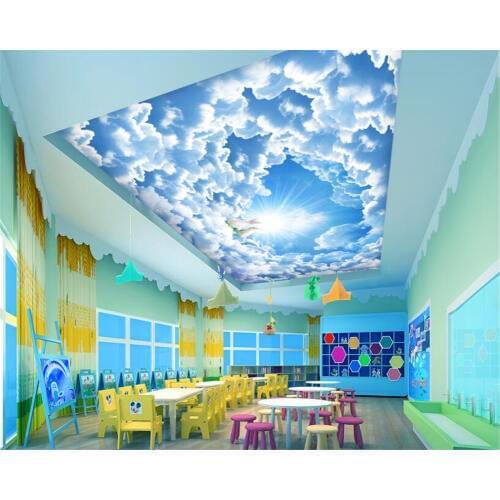 Custom living room ceiling 3D wallpaper beautiful romantic jade rabbit ceiling Blue sky and white clouds wall paper Beibehang