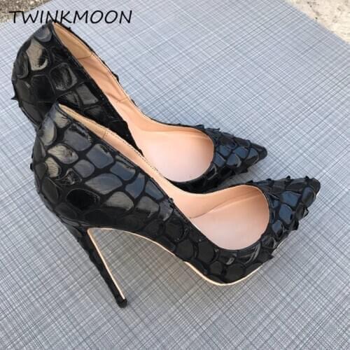 Scale Style Leather 2020 Women Shoes High Heels Stilatto Sexy Luxury Ladies Shoes 12cm/10cm/8cm Shallow Black White High Quality