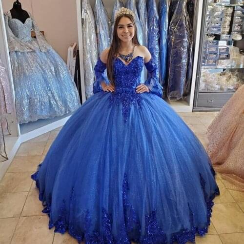 Gorgeous Sweetheart Neck Lace Sequined Quinceanera Dresses Long Sleeve Lace-up Back Ball Gowns Applique Tulle Sweet 16 Dresses