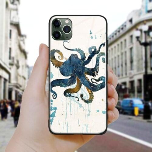 JaJapanese Abstract octopus Metallic Silicone Glass Phone Case Cover For iPhone SE 6 6s 7 8 Plus X XR XS 11 12 Mini Pro Max