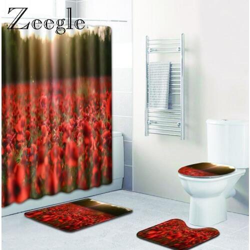 Zeegle 4pcs Bathroom Shower Curtain Non-Slip Bathroom Soft Rug Set Toilet Cover Mat Printed Flower Waterproof Bath Curtain Set