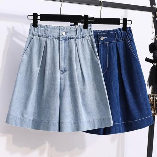 Womens Summer Shortpants Plus Size Casual Denim Shorts Korean Girls Elastic High Waist Wide Leg Loose Short Trousers S-5XL