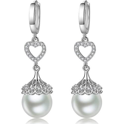 Heart Flowers Pearl Crystal Zircon Diamonds Gemstones Dangle Drop Earrings for Women White Gold Silver Color Jewelry Accessories