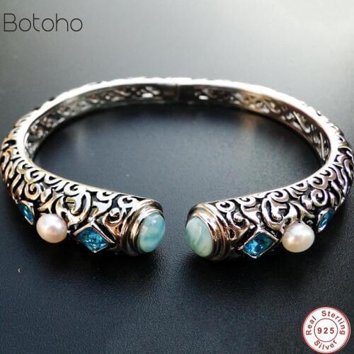 2019 Women Jewelry High Quality Natural Larimar Bracelet Nice Larimar Bangle 100% 925 Sterling Silver Open Bangle as women Gift