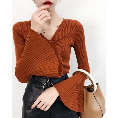 Women Sweater Pullover Basic Rib Knitted Cotton Tops V Neck Casual Jumper Long Flare Sleeve Women Sweaters With Drawstring