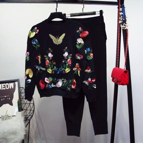 Vintage Flower Butterfly Embroidery Women Knitted Tracksuit Outfits Black Long sleeve Pullover Long Pants Set Casual Sports Suit