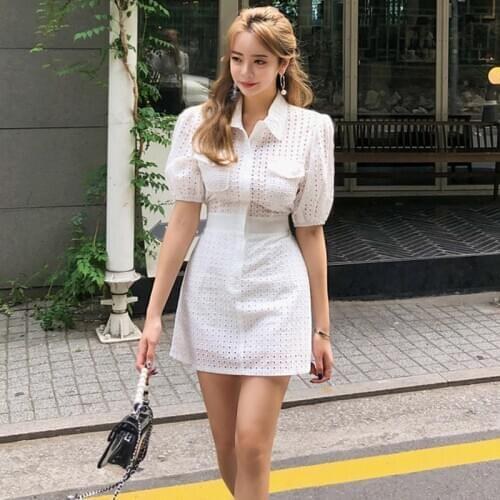 Hollow Out Summer Shirt Dress Women Turn Down Collar Korean White Mini Dress A-Line Office Lady Party Dress Black Plus Size B007