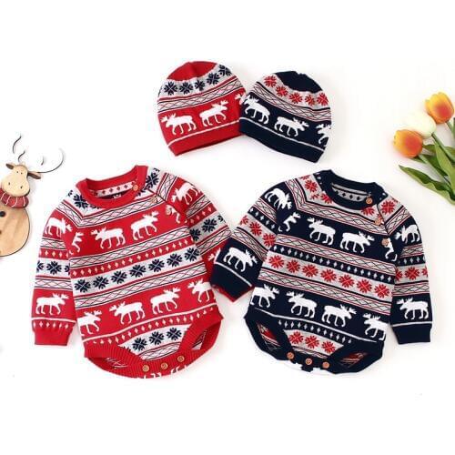 Newborn Baby Sweater Infant Christmas Clothing Kids Boy Girl Party 100% Cotton Fashion Clothes Sweaters Cap+Bodysuit Clothes Kid