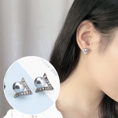 Elegant OL Style Crystal Rhinestone Triangle Stud Earrings Women Pearl Fashion Jewelry Accessory