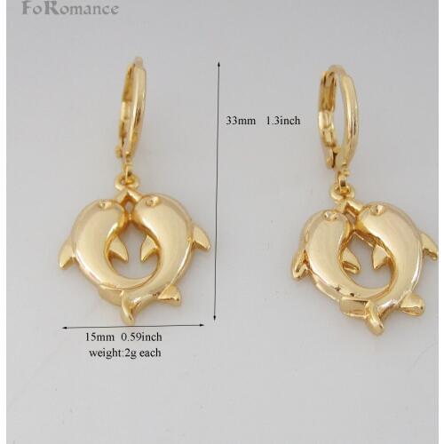 Foromance/ DANGLE EARRING DOLPHIN CHARM DANGLER WIDTH 15MM 0.59" TALL 33 MM 1.3" - YELLOW GOLD GP OVERLAY