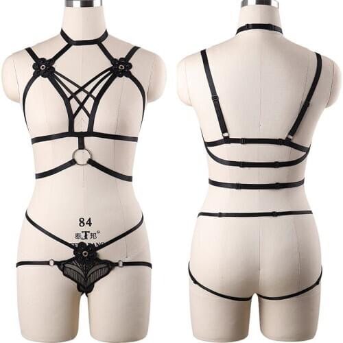 HANAERNES Black Sexy Hollow Out Bra Strap Adjust Body Harness Wedding Bride Leg Garter Belt Goth Body Cage Bondage Harness Set