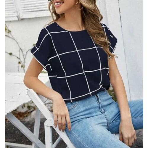 Fashionable Harajuku Tshirt Womens Casual Lattice Plaid Print T-Shirts Summer Round Neck Short Sleeve Top Daily Commute Wear