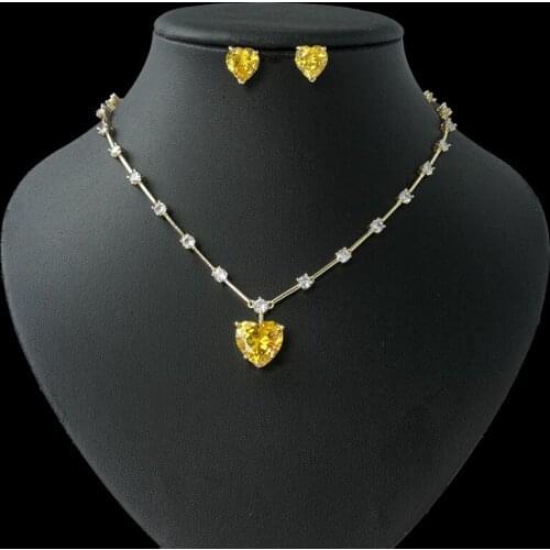 Fashion Yellow Cubic Zirconia Heart Earring and Necklace Wedding Jewelry Set for Women