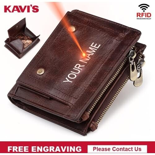 KAVIS Multi-functional RFID Men Wallets Cow Leather Bifold Hasp Vintage Male Purse Coin Pouch Cards Walet Perse Free Engraving
