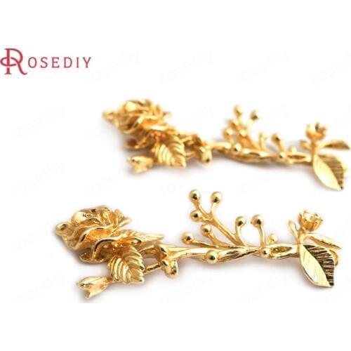 34904)4PCS 38x15MM 24K Gold Color Brass Flower Branch Charms Pendants High Quality Diy Accessories Jewelry Findings