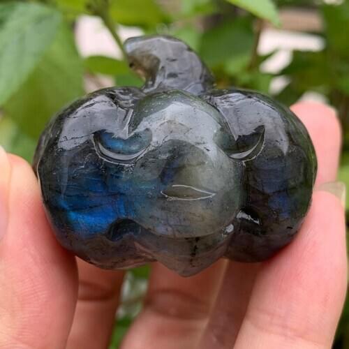 Natural labradorite Hand-carved pumpkins Quartz Crystal Head Statue For Halloween Christmas Home Decoration Crafts Gift