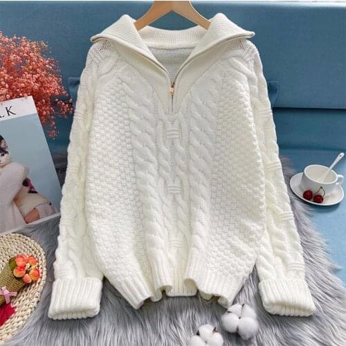 Lapel Zipper Pullover Sweater Women New Autumn Winter Knitted Outer Wear Female Fashion Loose Ma Hua Sweater Jackets Lady Spring