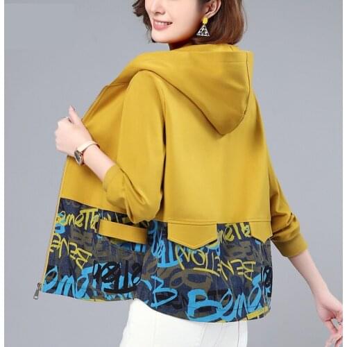 Plus Size Jackets Women 2021 Spring Autumn Loose Stitching Print Womens Coat Hooded Trench Outwear Casual Short Zipper Trench