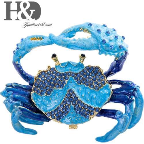 H&D Hand Painted Enameled and Jeweled Crab Trinket Box Ring Holder Hinged Jewelry Collectible Figurine with Gift Box