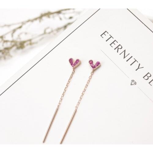 925 Sterling Silver Exquisite Pink Heart Dazzling Zircon Long Tassel Earrings With Bar Pendan Jewelry For Girls Wholesale S-E481