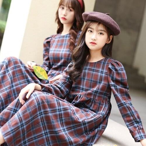 3-18Yrs Girls Cute Cotton Plaid Dress Spring Princess Long Sleeve Preppy Style Girls Casual Dresses Girls Retro Dresses CL619