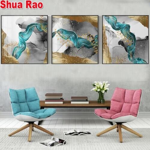 Modern Abstract Gold Foil Green Diamond Painting 3 piece Wall Picture Decoration Picture For Living Room Bedroom Art