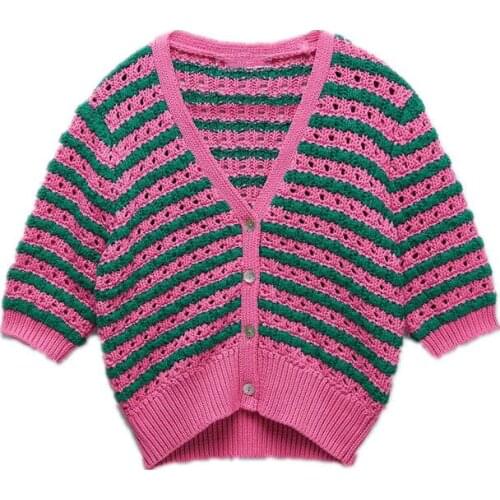 Striped Short Sleeve Women V Neck Knitted Tee 2021 Summer Korean Fashion Slim Crop Tops Button Sweater Cardigan Jacket