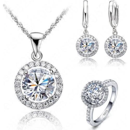 Top Quality Exquisite Women Wedding Necklace Earring Ring Jewelry Set 925 Sterling Silver Platinum Plated Crystal