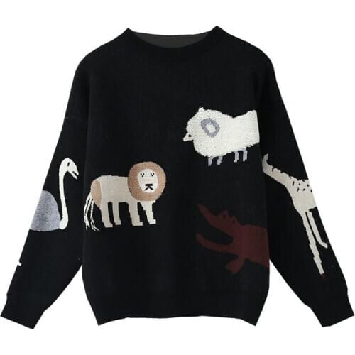 2020 Winter Black Knit Sweaters for Women Cartoon Animal Pattern O-Neck Sweater Long Sleeve
