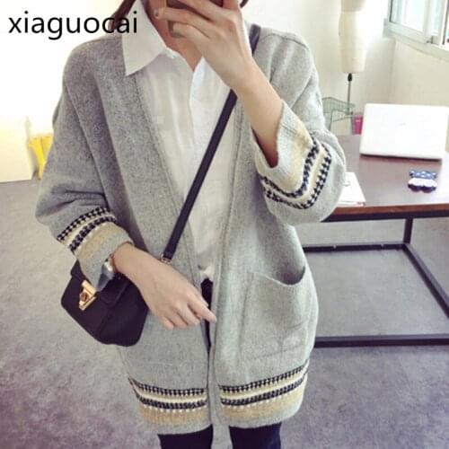 XiaGuoCai 2017 Women Knitted Sweater Gray V Neck Open Stitch Women Long Cardigan Thin Female Clothing K119 35