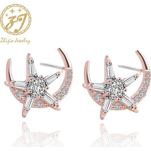 Zhijia Cute CZ Crystal Stud Earrings for Women Everyday Jewelry Gift Tiny Star Moon Earrings pendientes mujer moda