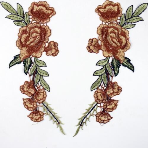 2PCS Flower Brown Rose Blossom Collar Sew on Patch Applique Badge Embroidery For Cheongsam Clothes Dress