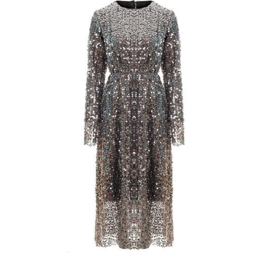 PERHAPS U Glitter Elegant Club Party O Neck Gray Sequined Bling Long Sleeve Knee Length Autumn Spring Dress D0906