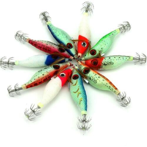 Big Sale 10pcs New Squid Jigs Fishing Lure Artificial Wooden Shrimp Baits Noctilucent Hooks Bionic Luminous Shrimps 10cm 9.2g