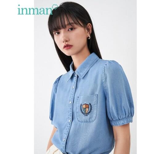 INMAN Summer Womens Denim Color Shirt Square Lapel Metal Button Up Embroidered Pocket Puff Short Sleeve Solid Color Denim Top