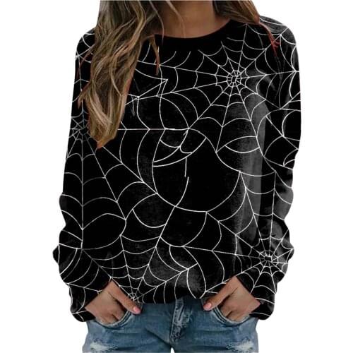 Halloween Spider Web Printed Gothic Top T Shirts Long Sleeve Tee Loose Pullover Top For Women Festival Clothes Ropa Mujer