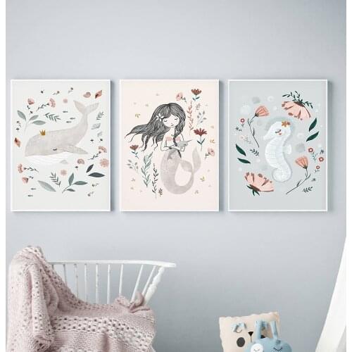 Cartoon Mermaid Canvas Posters Nursery Wall Art Print Watercolor Animal Sea Horse Whale Painting Girls Baby Room Wall Art Decor