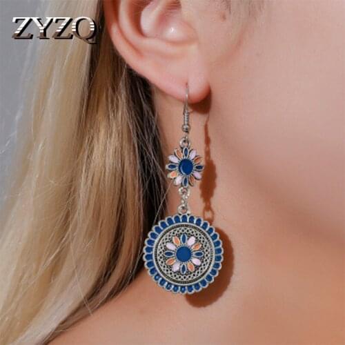 ZYZQ Classic Vintage Daisy Flower Drop Earrings Blue Series Ethnic Accessories Jewelry Earrings Lovely Birthday Gift Earrings