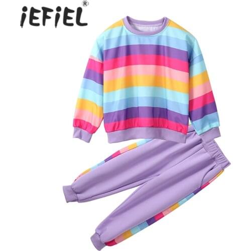 Autumn Girls Sport Clothes Set Sweatshirt+Pants Clothes Rainbow Stripes Pattern Costume For Girl Teenage Childrens Tracksuits